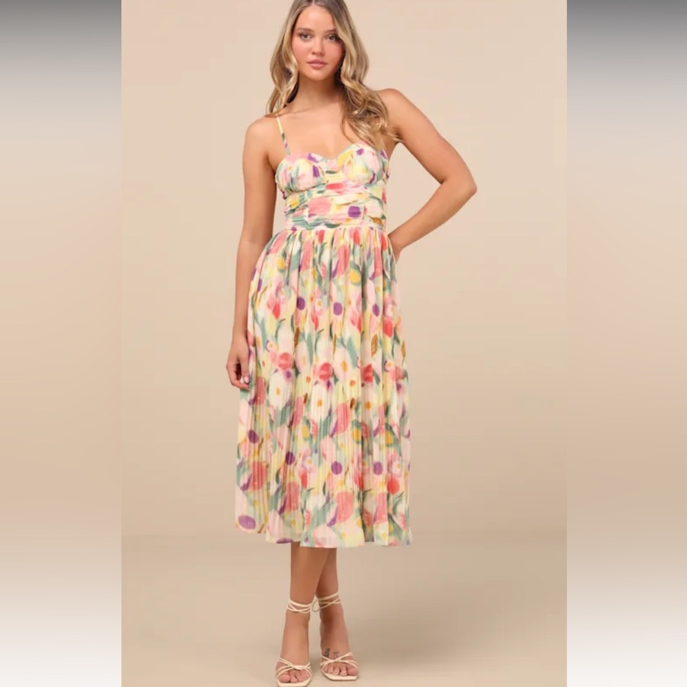 Aleyna Yellow Abstract Pleated Lace-Up Bustier Midi Dress